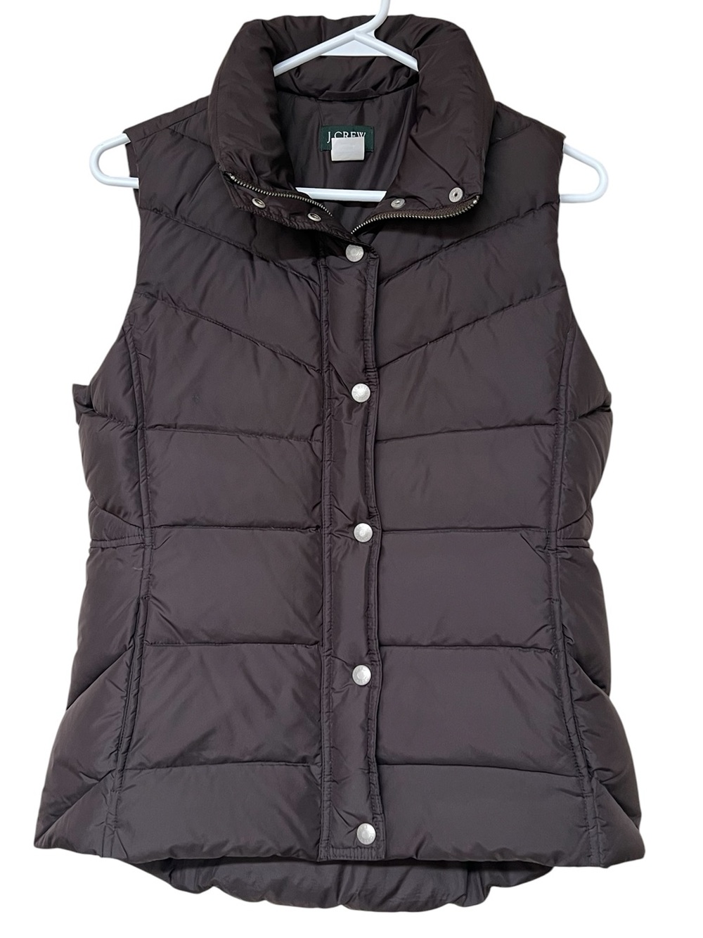 J. Crew brown chevron quilted down filled button and zipper front puffer vest